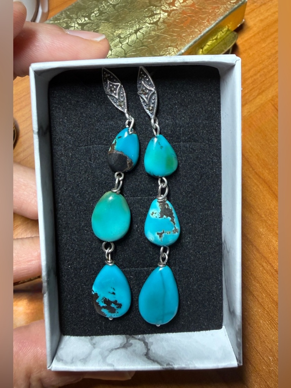 Gorgeous Native American Navajo Turquoise Marcasite Sterling 925 Drop Earrings - Picture 11 of 16